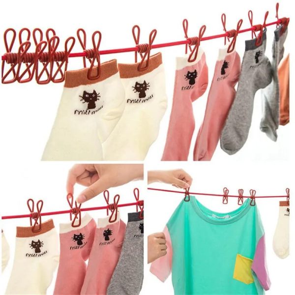 Multi Functional Portable Drying Rope With 12 Clips And 2 Hooks